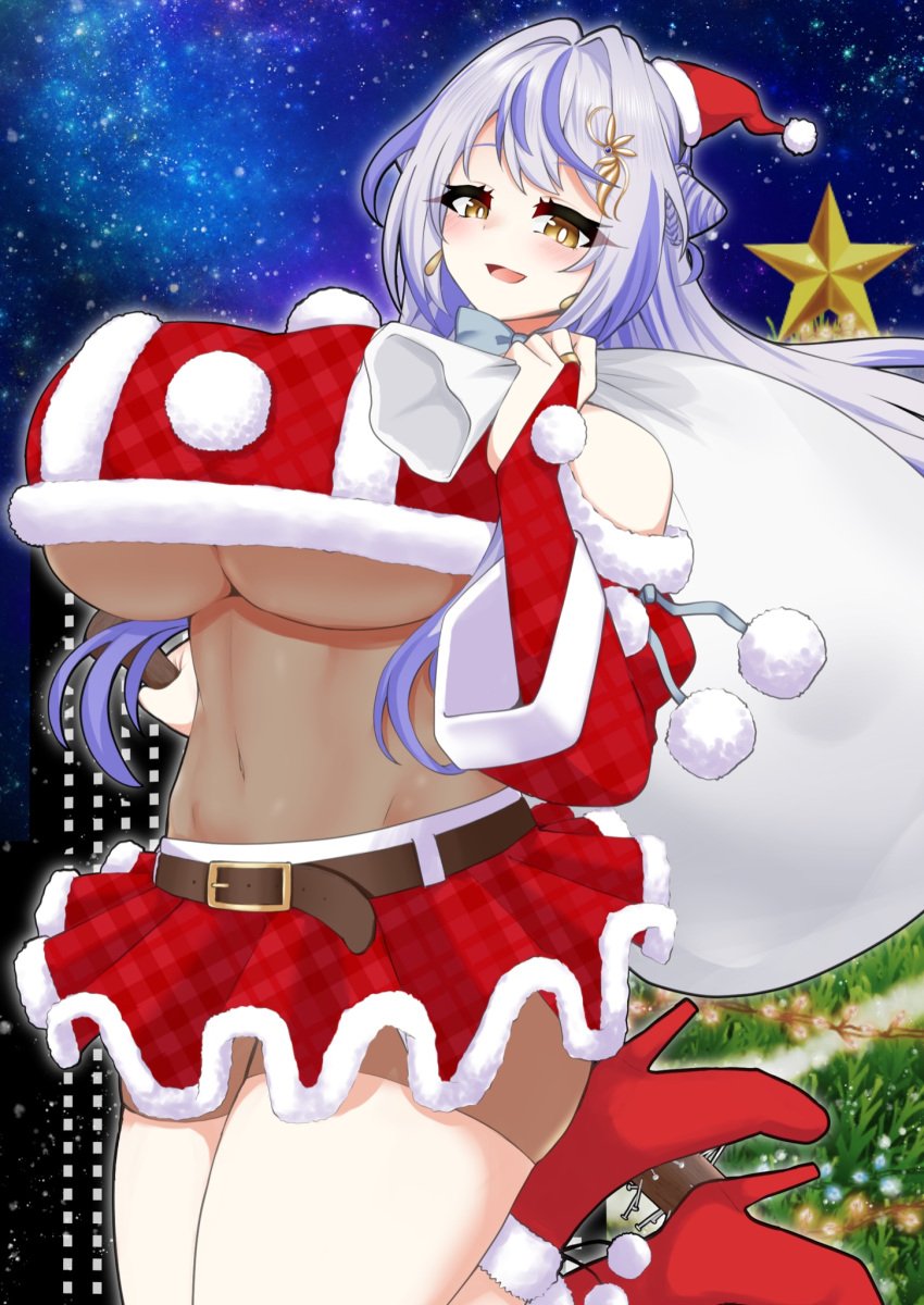 1girls 774_inc. blue_hair christmas female female_only grey_hair happy heels hiyoku_no_crosspiece huge_breasts light-skinned_female light_skin nanashi_inc. nobeji_ta outside solo translucent_clothing two_tone_hair underboob virtual_youtuber yellow_eyes yuri_kohakuu