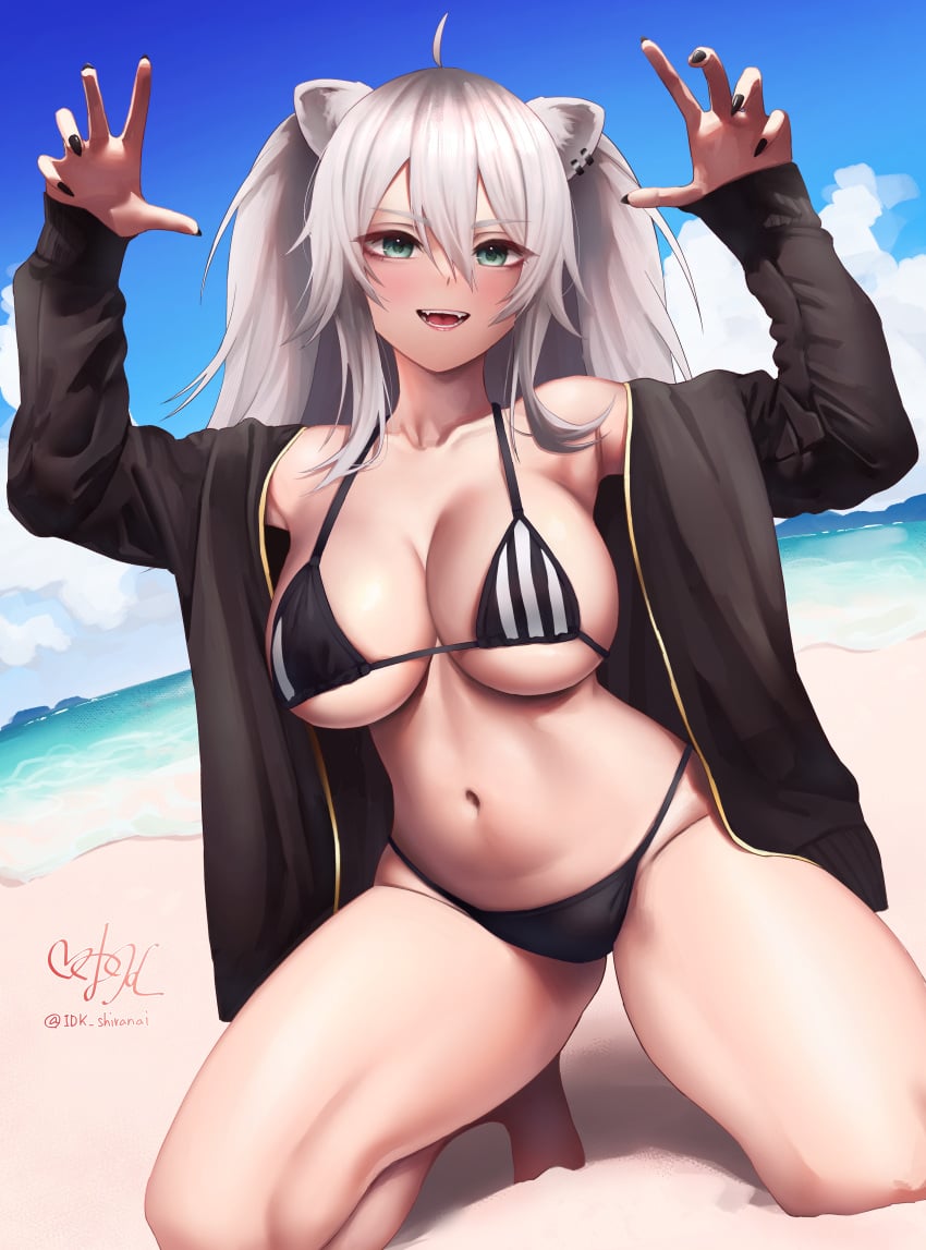 1girls 2023 arms_up artist_name beach belly big_breasts bikini bikini_bottom bikini_top black_bikini_bottom black_nail_polish black_nails blush breasts cleavage collarbone covered_nipples day daytime eyebrows eyelashes female green_eyes grey_hair hands_up hololive hololive_gen_5 hololive_japan idk_shiranai jacket kneeling lion_ears lion_girl looking_at_viewer nail_polish nails navel on_knees open_jacket open_mouth rawr seaside shishiro_botan solo striped_bikini striped_bikini_top sunny teeth thick_thighs thighs virtual_youtuber