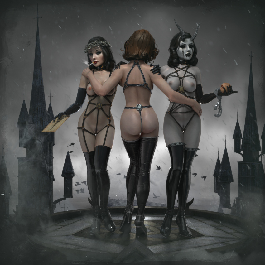 3d 3girls areolae ass bdsm bdsm_gear bdsm_harness bdsm_outfit bioshock bioshock_infinite black_hair breasts brown_hair bubble_butt burial_at_sea busty choker collar elbow_gloves elizabeth_comstock eyeshadow female female_focus female_only full_body g-string harness hourglass_figure light-skinned_female light_skin lipstick makeup medium_breasts navel nipples pale-skinned_female pale_skin pinup pinup_pose pubes pubic_hair pubic_hair_peek tagme themadarchitect thigh_boots trimmed_pubic_hair wide_hips