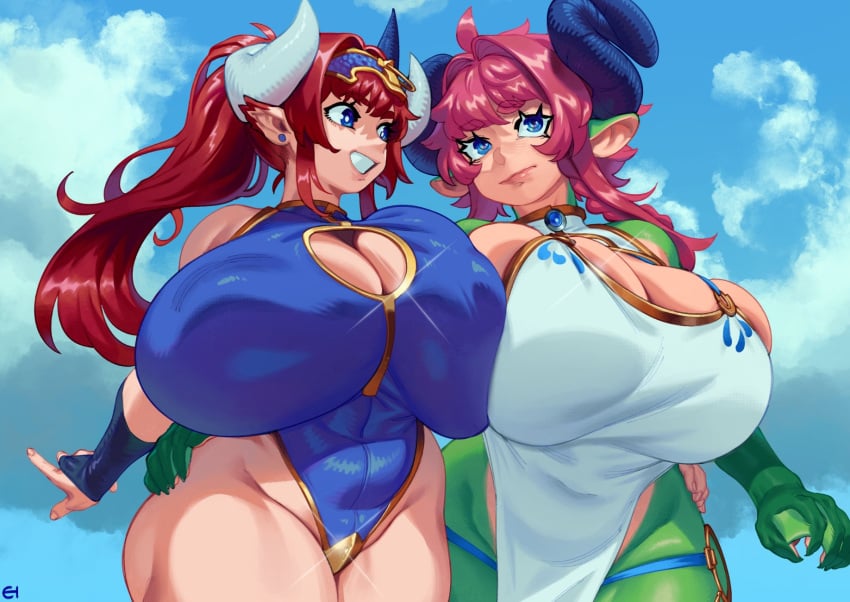 2busty2hide 2girls ass blue_eyes boob_window breasts eigaka female female_only gen'en_(sioherashi) gigantic_breasts horns huge_ass nina_(eigaka) original original_character pink_hair red_hair thick_thighs