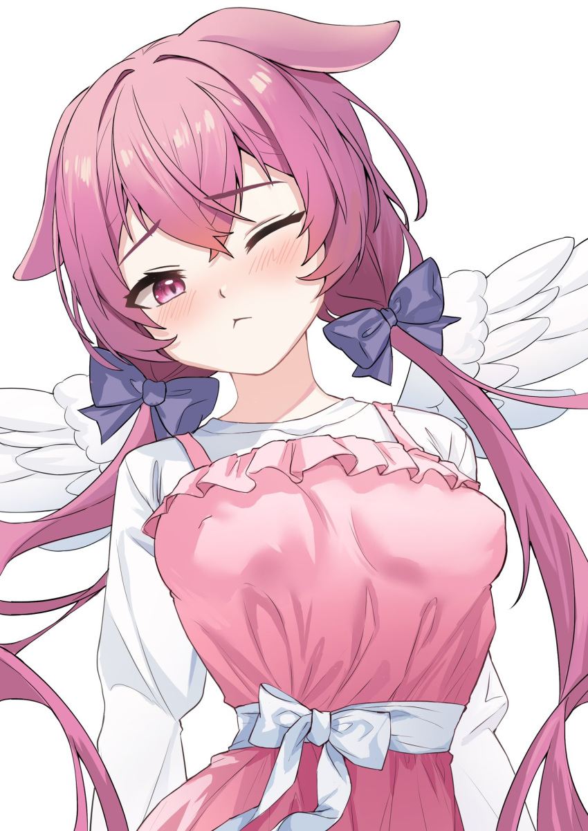 1girls angel_wings animal_ears blush bunny_ears clothed clothing embarrassed erect_nipples female female_focus female_only indie_virtual_youtuber light-skinned_female light_skin nemui_mori_(artist) nipple_bulge one_eye_closed pink_eyes pink_hair rabbit_ears simple_background solo usagi_kira_(vtuber) virtual_youtuber white_background wings