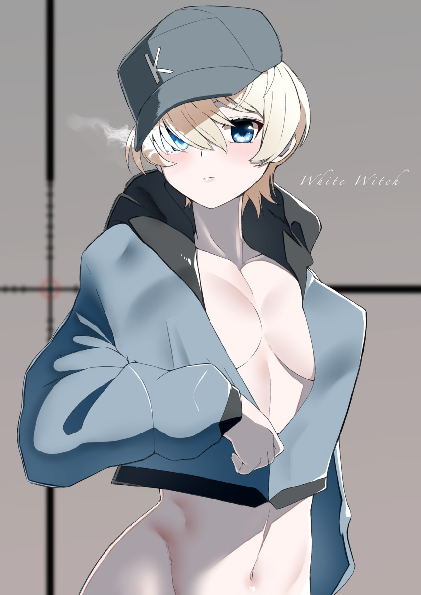 baseball_cap blonde_hair blue_eyes bottomless breasts female girls_und_panzer hat highres jacket keizoku_military_uniform large_breasts looking_at_viewer navel no_panties open_clothes open_jacket shita_(yagisauce_07) short_hair solo unzipped youko_(girls_und_panzer)