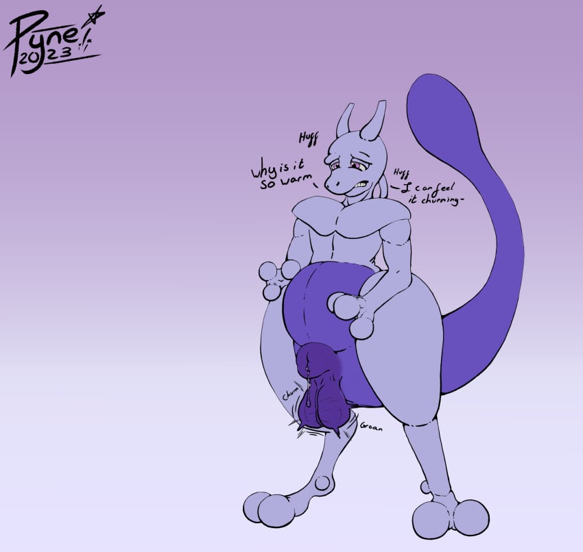 2_toes 3_fingers animal_genitalia anthro balls digitigrade english_text feet fingers generation_1_pokemon genitals hi_res horn legendary_pokemon male male_only mewtwo nintendo pokemon pokemon_(species) pyne_(artist) sheath slightly_chubby solo tail text toes wince