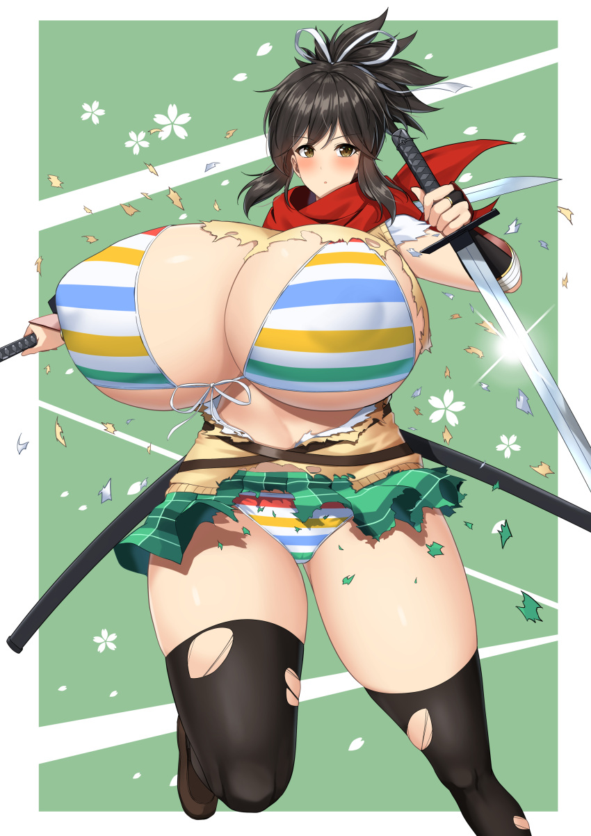 abstract_background alternate_breast_size asuka_(senran_kagura) bikini bikini_under_clothes blush breasts_bigger_than_head brown_eyes brown_hair covered_nipples daien_(daien418) enormous_breasts huge_breasts looking_at_viewer marvelous nipple_bulge nipples senran_kagura skirt stockings striped_bikini sword thick_thighs torn_clothes wakizashi