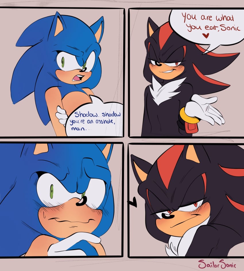 2boys anthro blush comic exposed_torso footwear gay handwear male_focus male_only not_porn panels sailorsonic sega shadow_the_hedgehog snapcube sonadow sonic_(series) sonic_the_hedgehog sonic_the_hedgehog_(series) text yaoi