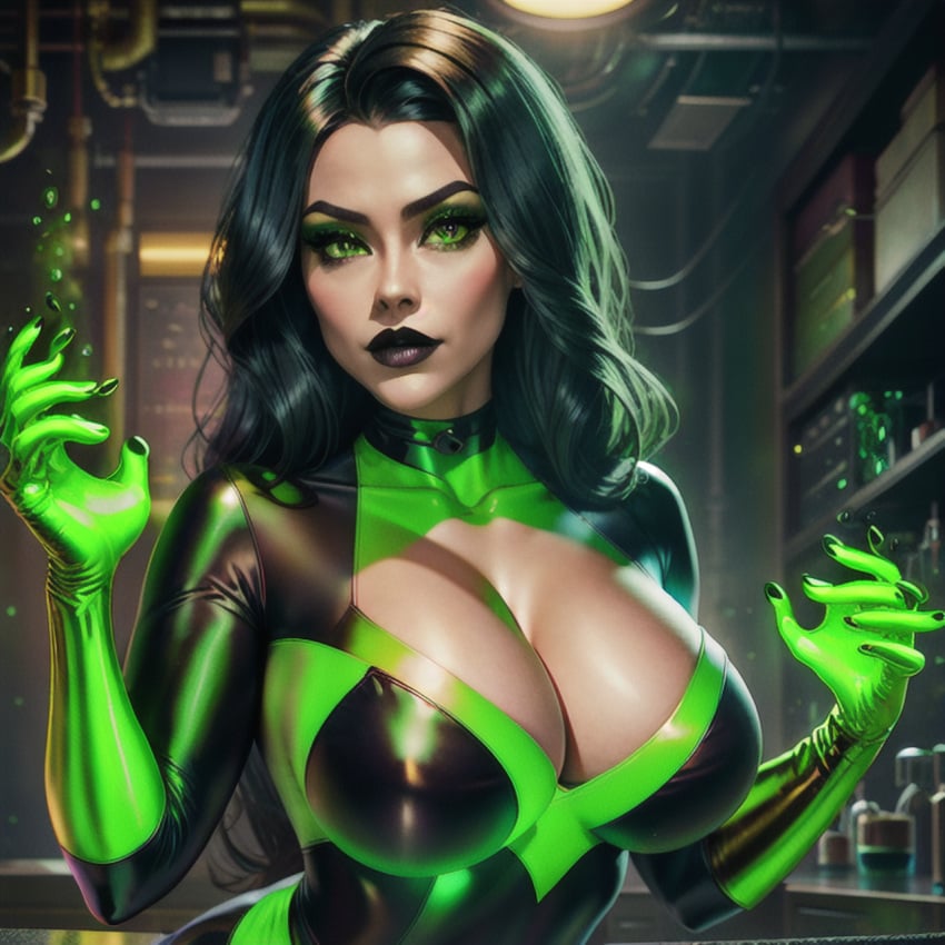 1girls ai_generated audiostick black_hair black_lipstick bodysuit breasts cleavage detailed_background disney disney_channel eyelashes eyeliner green_eyes green_flame kim_possible large_breasts lipstick long_hair looking_at_viewer seductive shego skin_tight stable_diffusion tight_clothing tight_suit