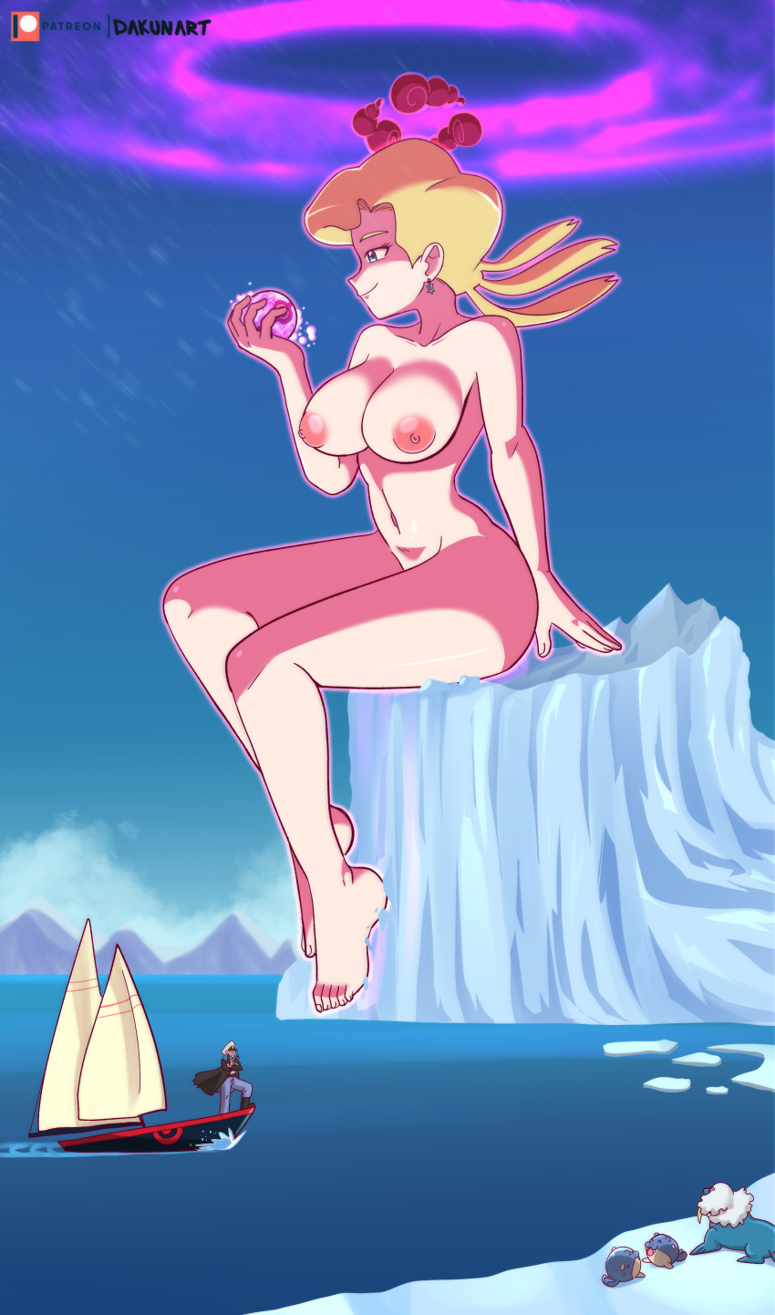 1girls barefoot boat breasts dakunart drake_(pokemon) dynamax earrings female giantess glacia_(pokemon) macro male nipples nude ocean pokémon_(species) pokemon pokemon_rse spheal walrein