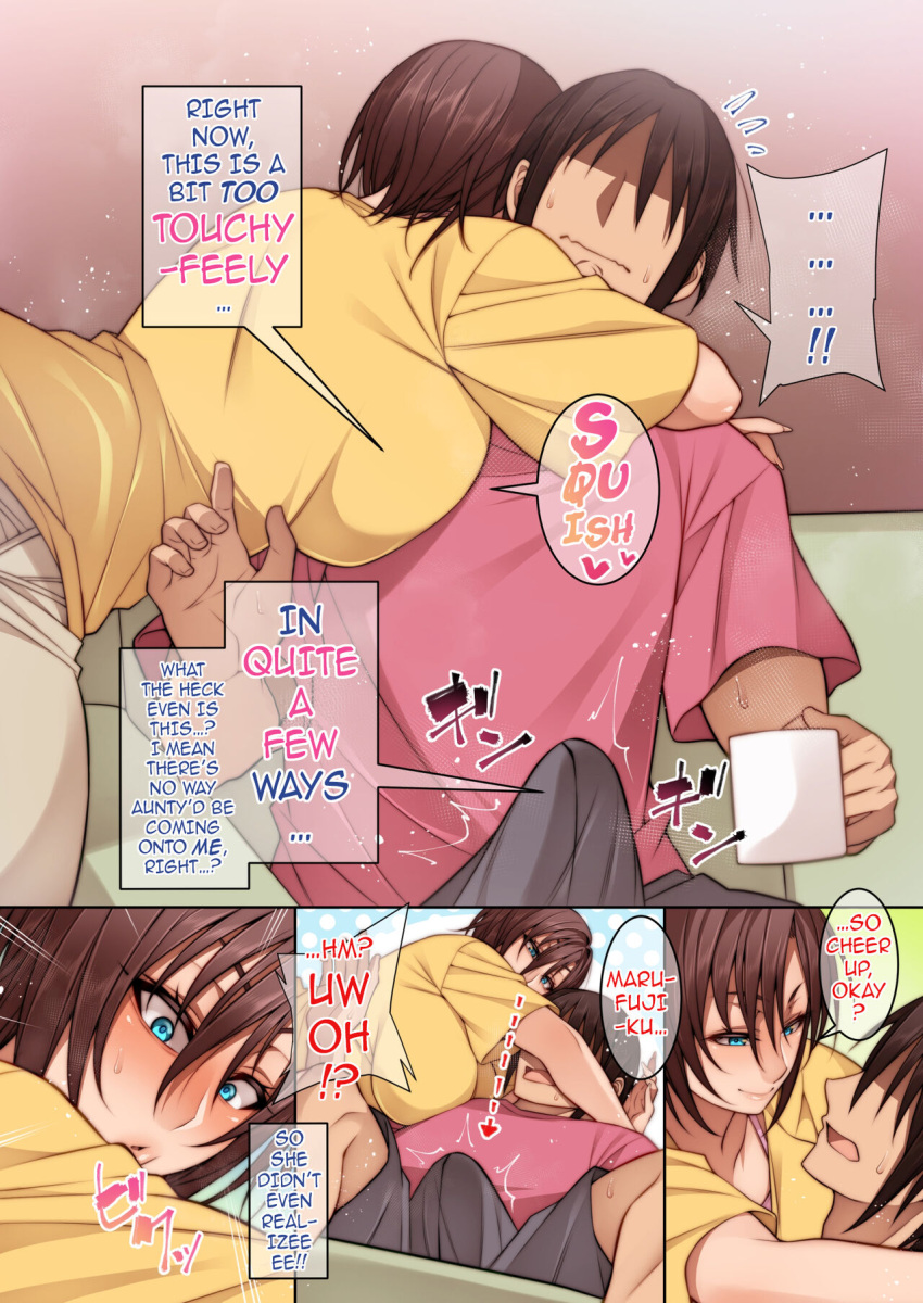 1boy 1girls aunty_noriko blue_eyes breasts comic curvy_figure dialogue doujinshi english_text erection erection_under_clothes female huge_breasts hugging korotsuke male married_female milf seductive_smile surprised_expression thick_thighs thought_bubble