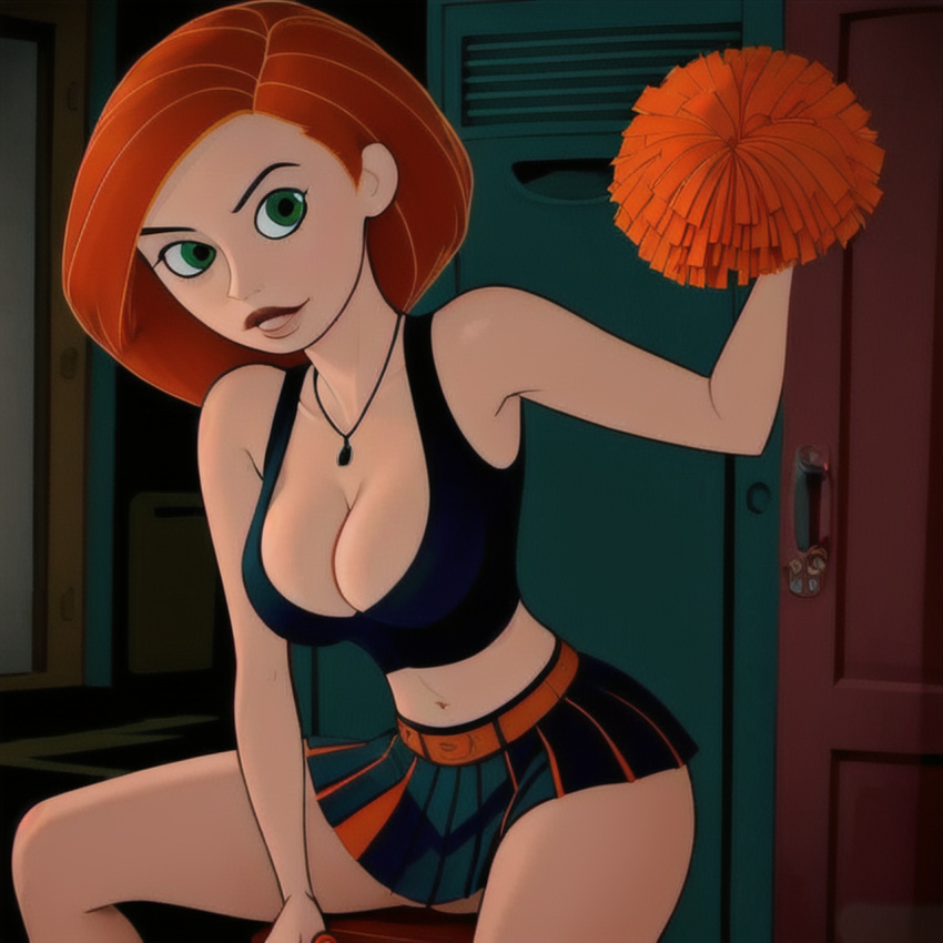 ai_generated athletic_female audiostick belly_button breasts cartoony cheerleader cheerleader_uniform cleavage disney disney_channel green_eyes human kim_possible kimberly_ann_possible large_breasts locker_room looking_at_viewer miniskirt necklace orange_hair pompoms sitting skirt stable_diffusion tank_top