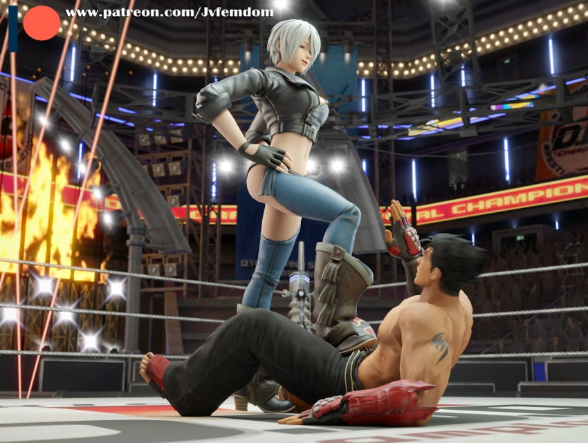 1boy 3d 3d_(artwork) absurd_res angel_(kof) arrogant ballbusting beaten belly black_hair blender boot_fetish bootjob boots confident cowgirl_outfit dominant dominant_female domination dominatrix female_domination femdom fight fighting_ring footjob girl hands_on_hips helpless highres jin_kazama jvfemdom kazama_jin king_of_fighters leather leather_jacket legs looking_at_another looking_down looking_pleasured malesub midriff sadistic shoejob short_hair smile smiling smirk smug smug_face stepped_on stepping_on_balls stepping_on_genitals stepping_on_penis stomp stomped stomping tekken thick_ass thick_thighs thighs trample trampling white_hair wrestling