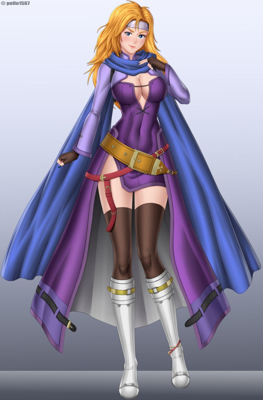 1girls bare_thighs blonde_hair blue_eyes blue_nails boots breasts cleavage female female_only fingerless_gloves fire_emblem fire_emblem:_radiant_dawn gloves heather_(fire_emblem) large_breasts long_hair long_sleeves looking_at_viewer nail_polish nintendo pollo1567 scarf smile solo thighhighs thighs