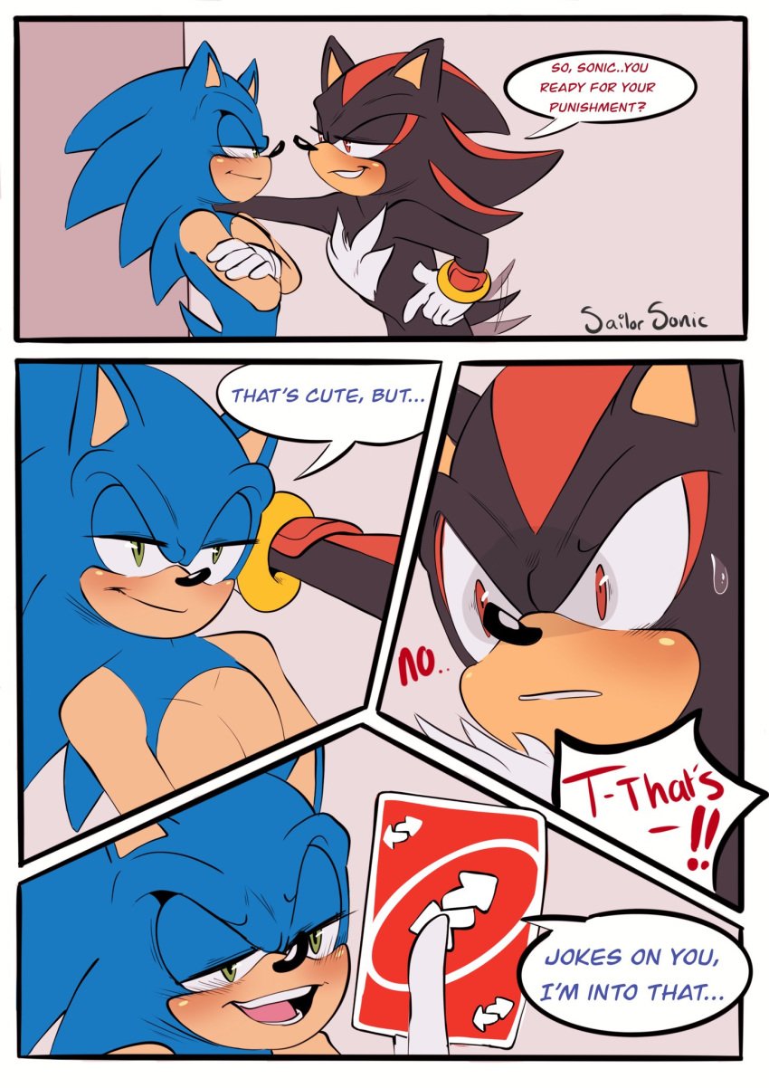 2boys anthro blush comic exposed_torso footwear gay handwear male_focus male_only not_porn panels sailorsonic sega shadow_the_hedgehog sonadow sonic_(series) sonic_the_hedgehog sonic_the_hedgehog_(series) text uno_(game) uno_card yaoi