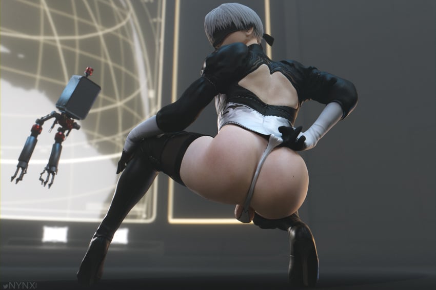 1boy 3d 3d_(artwork) 5_fingers adjusting_clothes android ass back_turn backless_leotard backless_outfit backsack balls big_ass black_blindfold black_gloves black_thighhighs blindfold cosplay crossdressing femboy gay gloves high_heel_boots high_heels leotard looking_back male male_only nier:_automata nier_(series) nynx robot self_upload short_hair solo solo_male squatting stockings thick_ass thigh_boots thong_leotard uncensored wedgie white_hair white_thong_leotard yaoi yorha_2b_(cosplay) yorha_9s