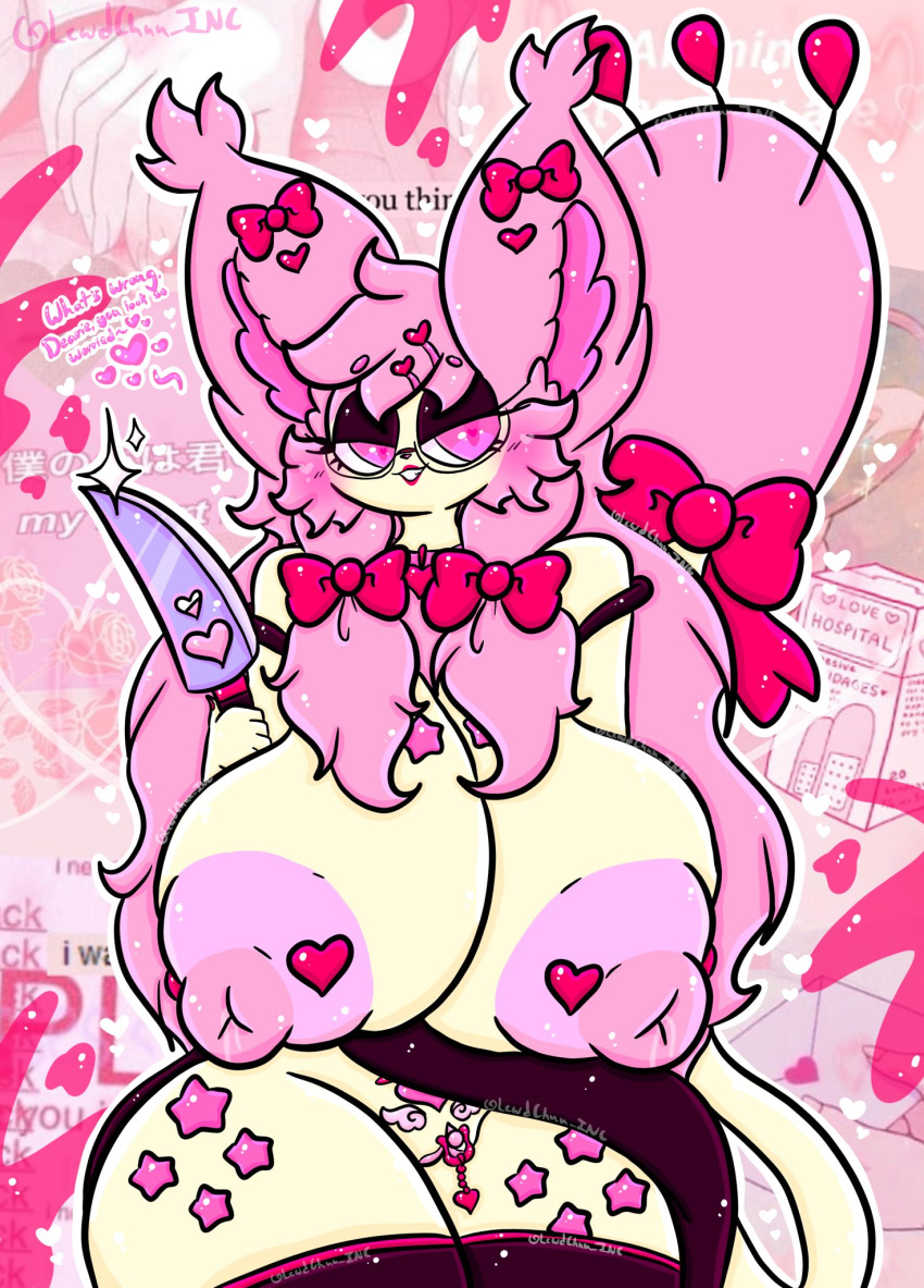 anthro big_breasts bodily_fluids breast_milking breasts clitoris clitoris_piercing clothing dress english_text eyewear female generation_3_pokemon genital_piercing genitals glasses hair heart hi_res huge_breasts knife lactating lactation legwear lewdchuu_(artist) nintendo nipples piercing pink_eyes pink_hair pink_nipples pokemon pokemon_(species) pussy ribbons skitty solo star stockings tail text yandere yellow_body