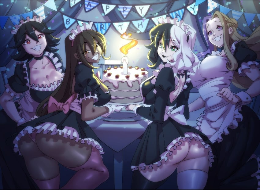 2023 4girls almonde_jagger ass birthday_cake black_hair black_lipstick black_thighhighs blonde_hair bloodlight_(nyantcha) borrowed_character brown_eyes brown_hair cake crossover dark-skinned_female dark_skin fan_character female female_only fjern_thorden_(nyantcha) genshin_impact green_eyes happy_birthday hi_res light-skinned_female light_skin long_hair looking_at_viewer looking_back looking_back_at_viewer maid maid_headdress maid_uniform multiple_girls narrowed_eyes nisego original original_character pink_thighhighs purple_eyes purple_hair rear_view red_eyes smiling smiling_at_viewer teeth_showing thick_thighs thighhighs tsona_(nyantcha) two_tone_hair white_hair white_thighhighs yorra_villeneuve zirca_2036