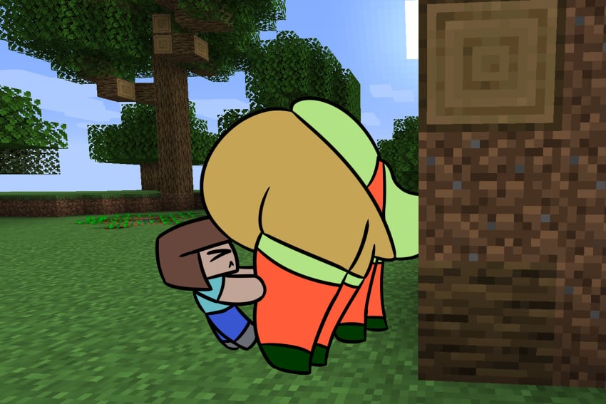 baws_(artist) big big_ass big_breasts big_butt creeper creeper_(minecraft) creeper_girl cute cute_face fat_ass green_skin huge_ass huge_breasts implied_ass_cleavage male minecraft shorts thick_ass thick_thighs video_games