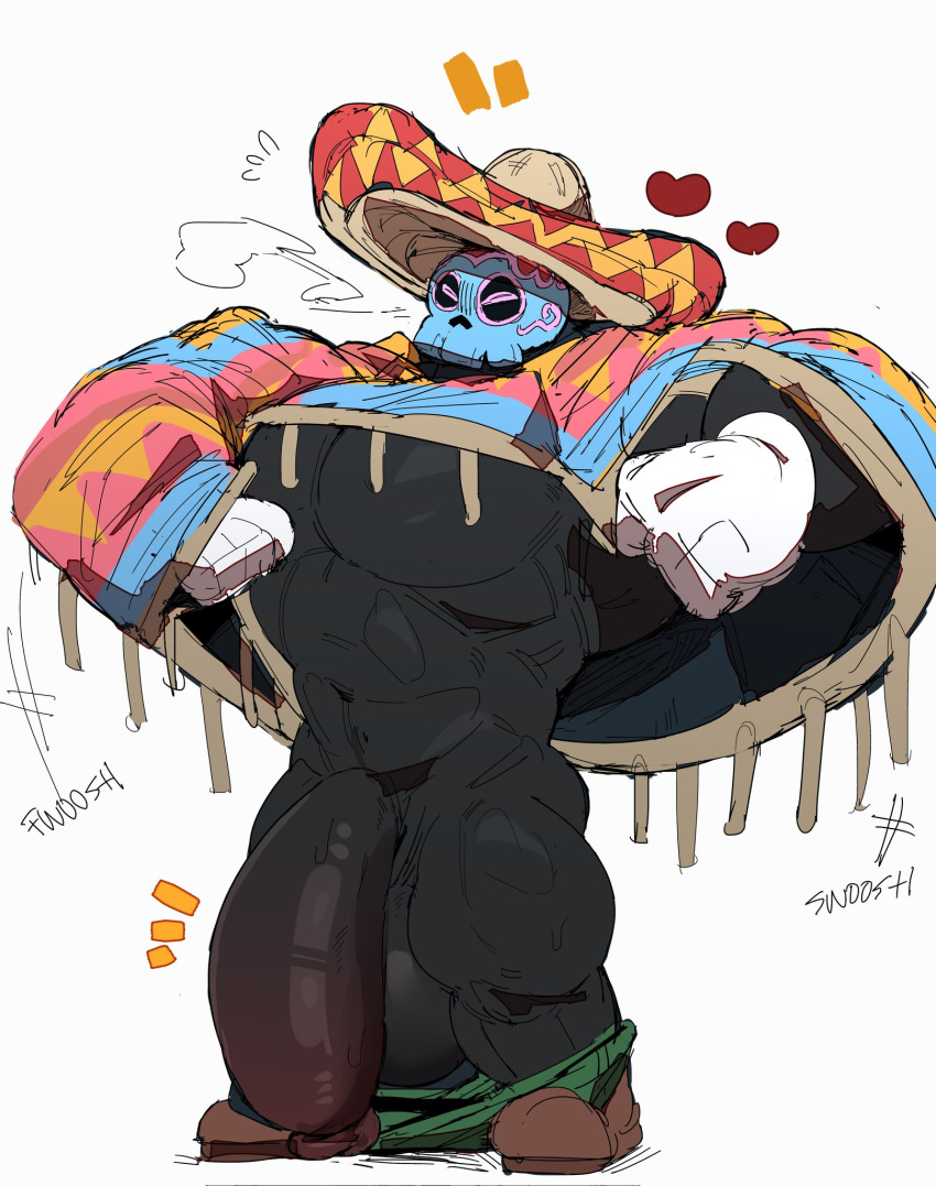 akachionmain anthro balls bara barazoku big_balls big_penis black_body closed_eyes furry gay male male_only mario_(series) muscles muscular nintendo pants_down penis skull skull_head solo solo_male sombrero super_mario_odyssey tostarenan