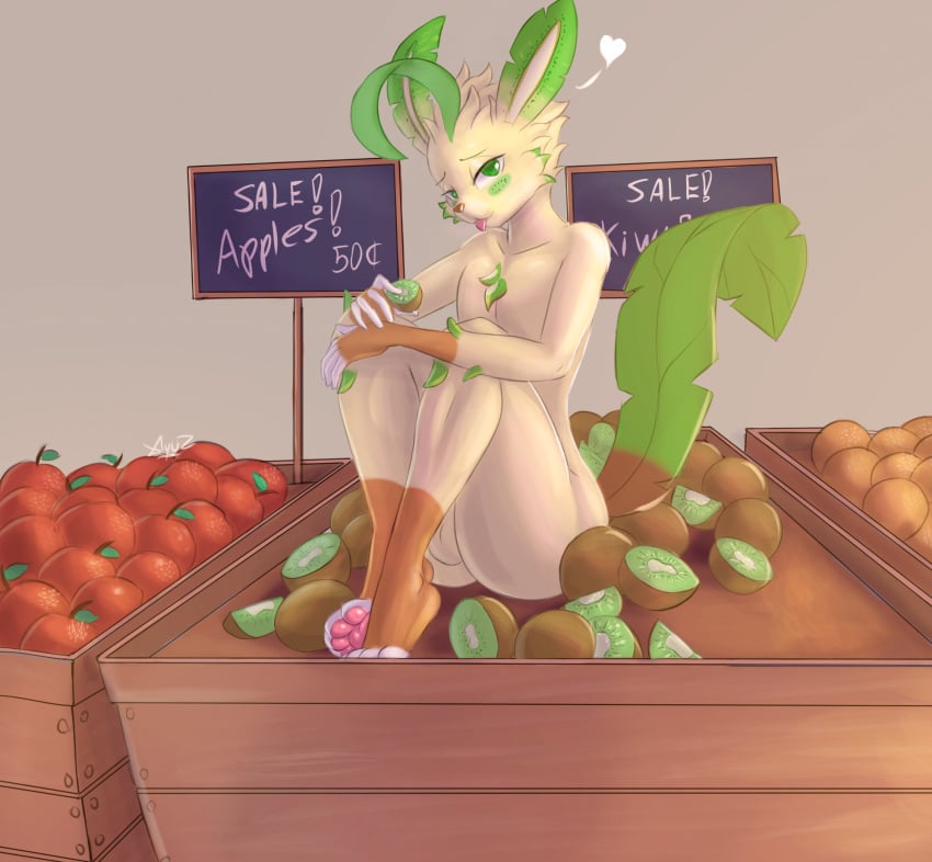 4_toes anthro apple balls brown_nose brown_paws eeveelution feet feet_together food fruit fruit_stand generation_4_pokemon genitals green_ears green_eyes heart hi_res key_(fellnyanya) kiwifruit leafeon leg_markings male markings nintendo nude orange_(fruit) pawpads pink_pawpads plant pokemon pokemon_(species) sitting socks_(marking) solo toes tongue tongue_out white_inner_ear white_toes xlyuz