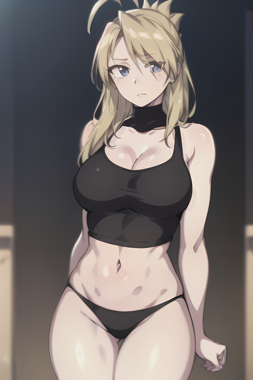 ai_generated black_panties blonde_hair blue_eyes breasts cleavage closed_mouth cowboy_shot crop_top edosynf female fullmetal_alchemist highres looking_at_viewer navel panties riza_hawkeye solo tank_top underwear