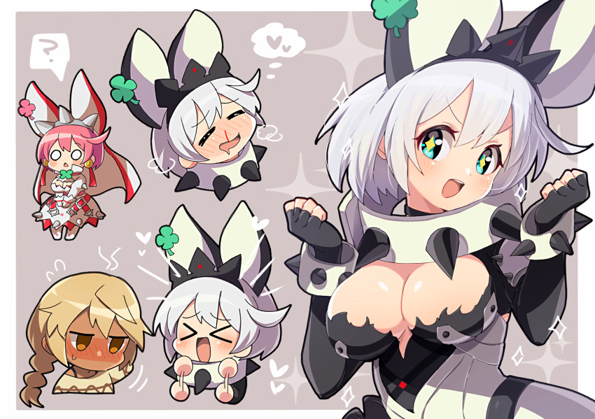 aqua_eyes black_gloves blonde_hair blood blush bracelet braid breasts bridal_veil chibi clover collar dark-skinned_female dark_skin elbow_gloves elphelt_valentine fingerless_gloves four-leaf_clover gloves guilty_gear guilty_gear_strive guilty_gear_xrd highres itsuka_neru jewelry large_breasts looking_at_viewer medium_hair nose_blush nosebleed official_alternate_costume orange_eyes pink_hair ramlethal_valentine siblings single_braid sisters spiked_bracelet spiked_collar spikes veil white_hair