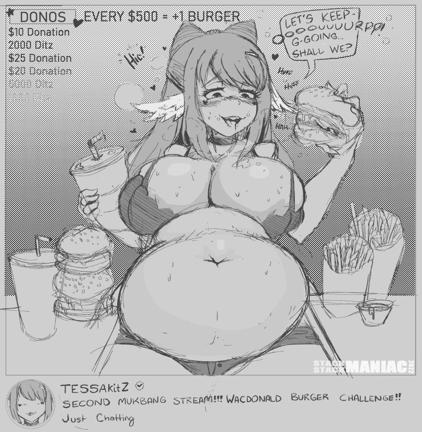 1girls belly big_belly big_breasts bloated bloated_belly blush breasts burp burping eating female food kipteitei livestream mukbang overeating stackstackmania stuffed_belly stuffing sweat tessa_(kipteitei). text underboob