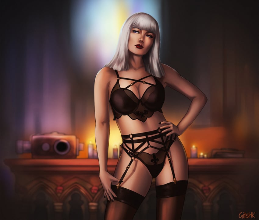 adepta_sororitas gits-hk imperium_of_man lingerie lingerie_only sister_of_battle tease warhammer_(franchise) warhammer_40k white_hair