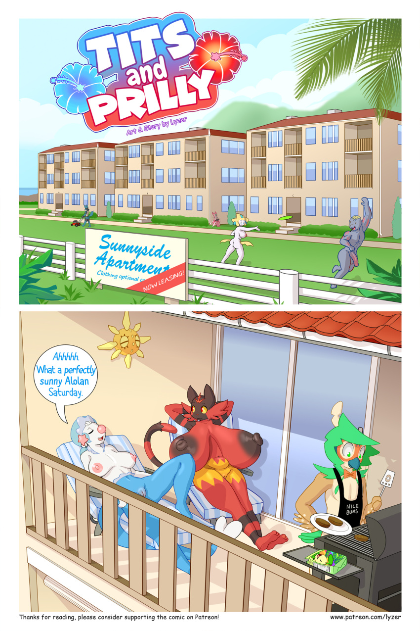 2023 anthro apartment apartment_building apron areola balls big_breasts big_penis black_areola building burger casual_exposure casual_nudity chair closed_eyes comic cooking dani_(lysergide) decidueye dot_eyes english_text female female_incineroar frisbee furry game_freak green_eyes grill grilling hands_behind_head holding_plate holding_spatula hyper_breasts incineroar jirachi lawn_mower lucario lurantis lying_on_back lysergide machoke mowing_lawn nintendo nipples nude open_mouth page_1 patreon_url penis plate pokemon pokemon_(species) prilly_(lysergide) primarina public public_nudity pussy red_eyes sign sitting smile solrock spatula speech_bubble text text_box tits_(lysergide)