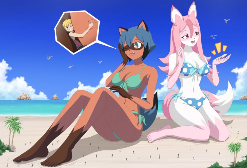 beach big_breasts bikini brand_new_animal furry giantess michiru_kagemori nazuna_hiwatashi size_difference thedaibijin thick_thighs