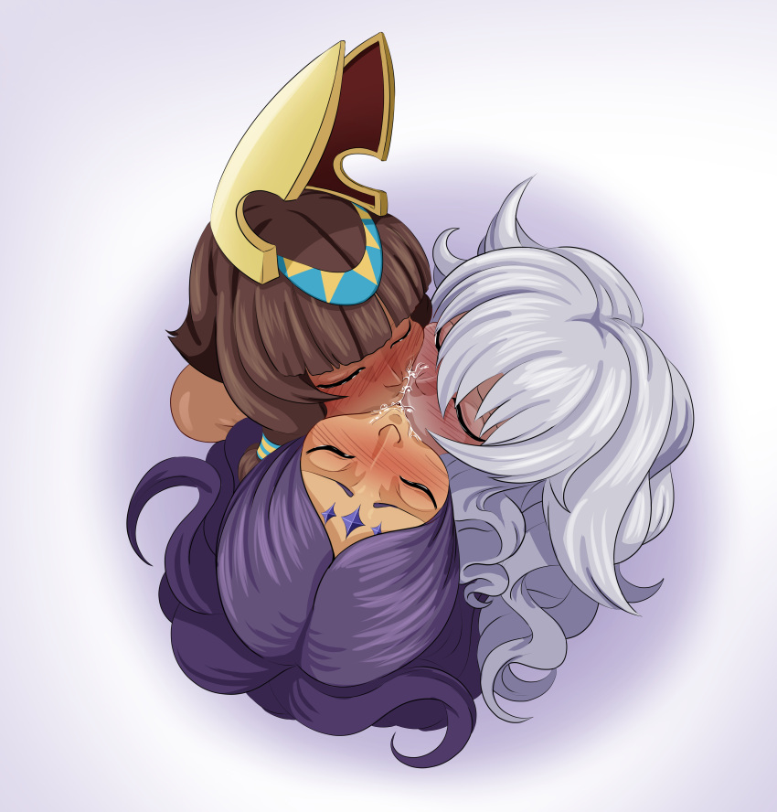 3girls blush bob_cut brown_hair closed_eyes commission commissioner_upload cygames dark_skin dragalia_lost drool drooling egyptian female female_only from_above group_kiss group_kissing hair_ornament karuro-kun kiss kissing multiple_girls nefaria nintendo purple_hair ryszarda sloppy_kiss triple_kiss verica white_hair yuri