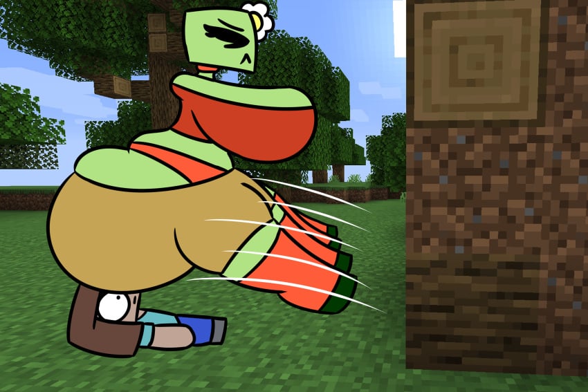 baws_(artist) big big_ass big_breasts big_butt creeper creeper_(minecraft) creeper_girl cute cute_face fat_ass green_skin huge_ass huge_breasts imminent_buttcrush imminent_facesitting implied_ass_cleavage male minecraft shorts thick_ass thick_thighs video_games