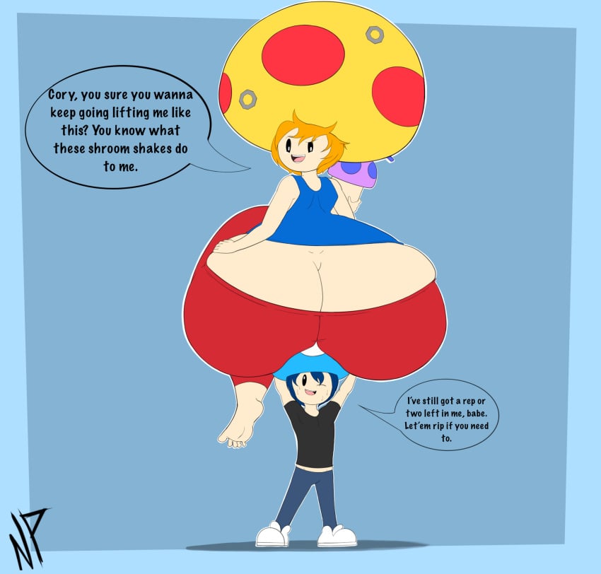 2022 2boys ass ass_cleavage barefoot big_ass bigger_male blue_hair blue_tank_top butt_crack clothed cory_(nataliebum25) dialogue dimples_of_venus femboy gay huge_ass large_ass larger_male lifting lifting_person mario_(series) mega_mushroom mini_mushroom nataliebum25 nintendo orange_hair original_character red_sweatpants rusty_(nataliebum25) smaller_male speech_bubble thick_thighs toad_(mario) wide_hips yaoi