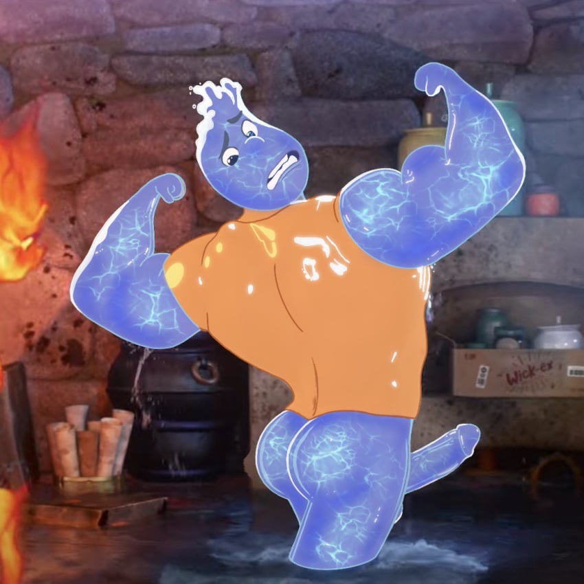 1boy anonymous_artist ass ass_focus back_muscles back_view beefy big_ass big_muscles big_penis disney edit edited_screencap elemental elemental_(pixar) gay liquid male male_only muscular_male no_pants pixar screenshot_edit solo unknown_artist wade_ripple wet