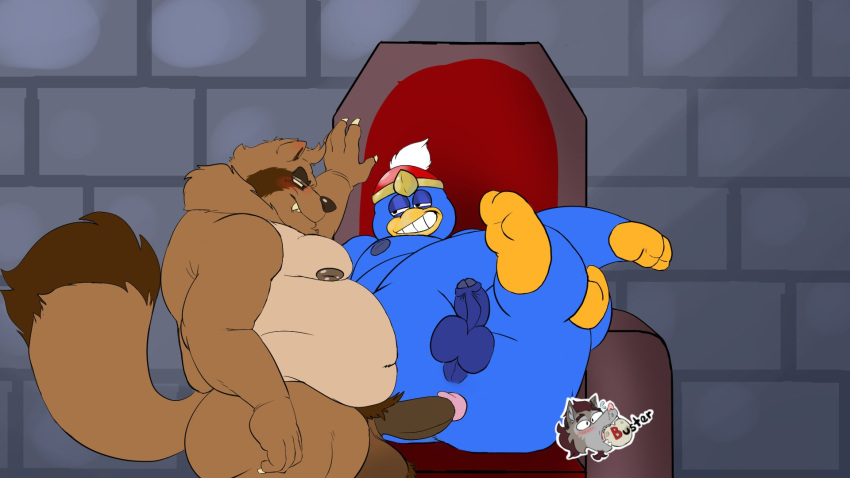 anthro ass balls belly big_butt blue_body blue_feathers brown_body brown_fur canid canine chair coyotebbbusted duo erection feathers fur furniture gay genitals hi_res imminent_orgasm imminent_sex king king_dedede kirby_(series) male male/male mammal nintendo nude overweight penis raccoon_dog royalty tanuki throne