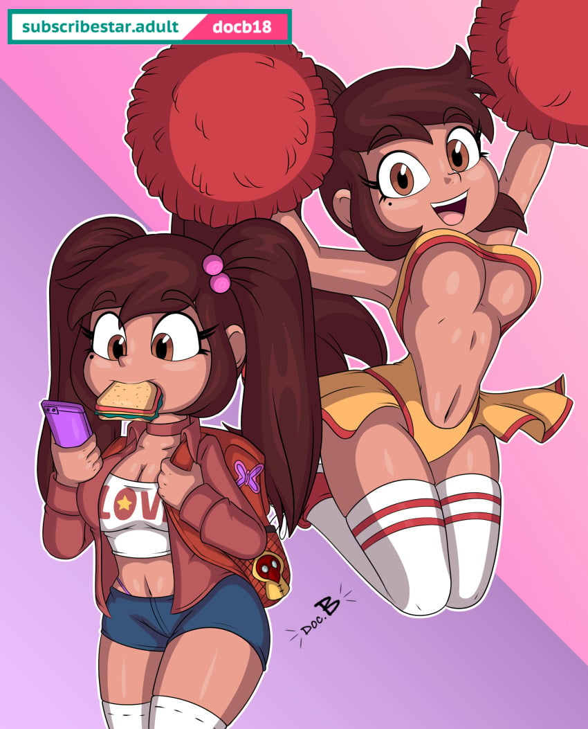 1girl 1girls 2020s 2021 backpack blue_bottomwear breasts brown_eyes brown_hair cheerleader cleavage clothed clothing crop_top disney disney_channel doc.b eyebrows_visible_through_hair female female_only hair_ornament happy human jacket light-skinned_female light_skin mariposa_diaz moderate_tomboy navel phone pom_poms shiny_skin short_shorts shorts smile solo star_vs_the_forces_of_evil teenage_girl teenager thighhighs tomboy twintails two_tone_socks two_tone_socks_(redandwhite) underboob western_art western_cartoon