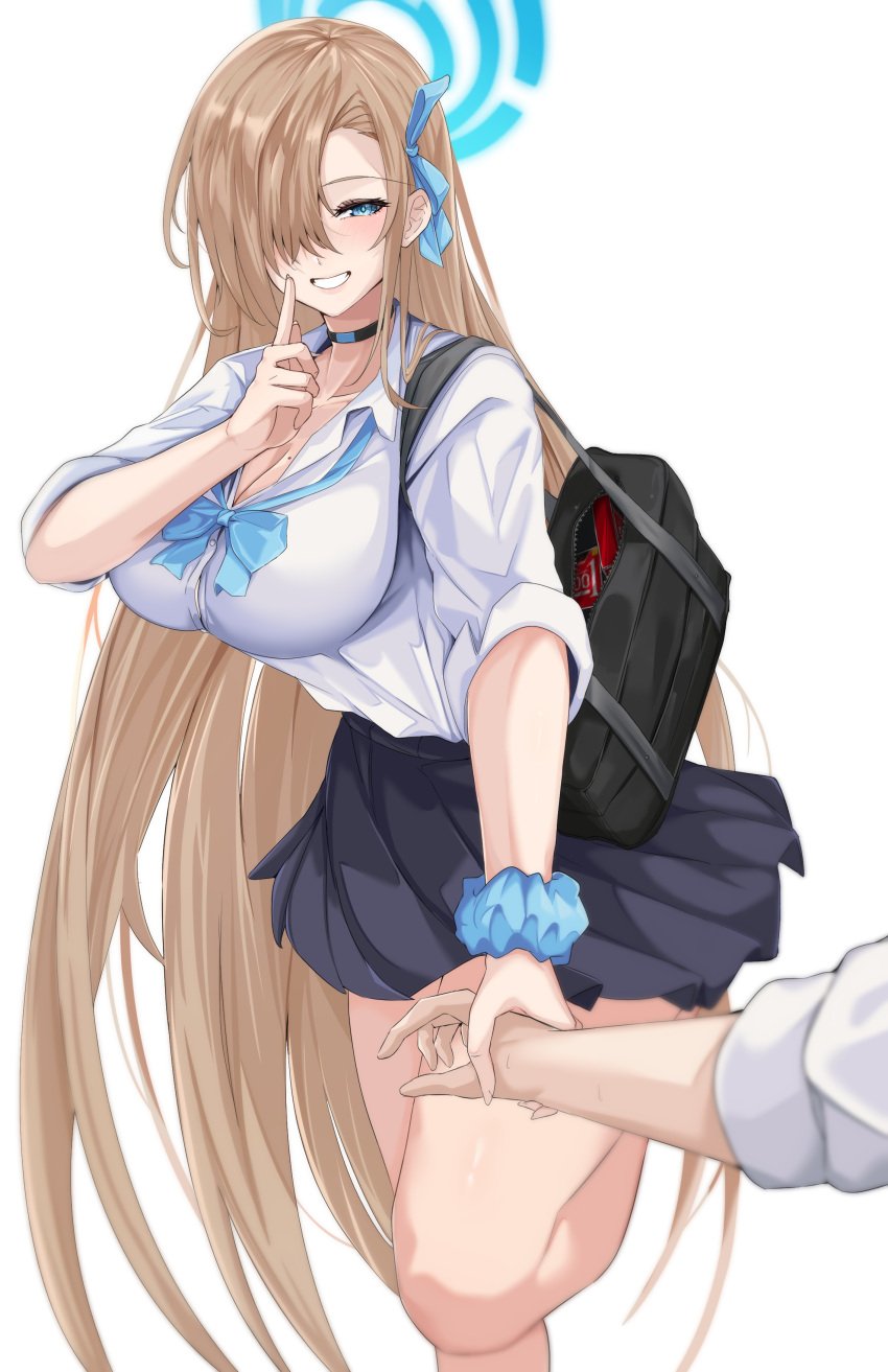 1boy 1girls asuna_(blue_archive) blonde_hair blue_archive blue_eyes breasts female huge_breasts light-skinned_female light-skinned_male light_skin long_hair looking_at_viewer male male_pov millennium_science_school_student naughty_face pov school_uniform schoolgirl short_skirt skirt smile suggestive_look vank0art