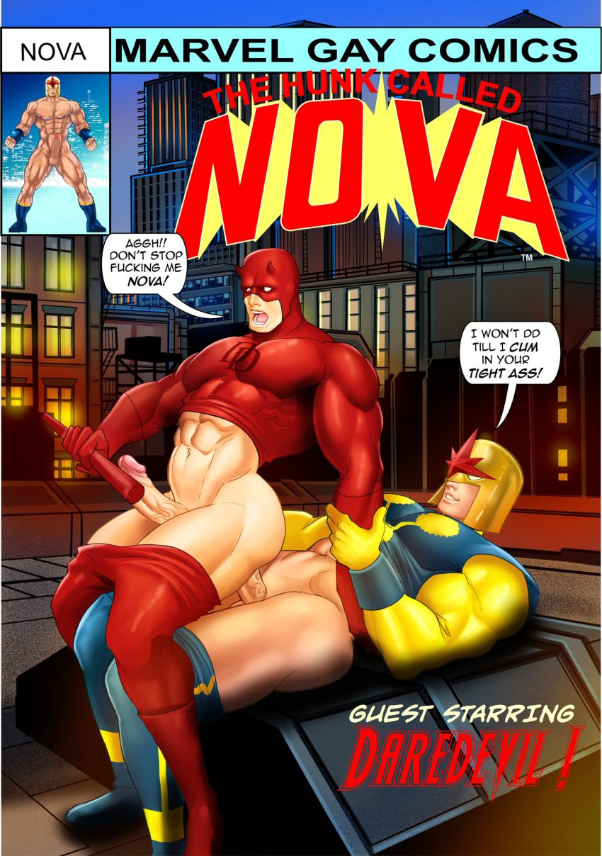 anal anal_sex biceps boner bulging_biceps comic daredevil dialogue english_text erect_penis erect_while_penetrated erection gay gay_sex hard_on luw_budd/rocket_luw male male_only marvel matt_murdock muscles muscular muscular_male nova_(nova333) pants_down pecs penis_in_ass richard_rider riding_penis shirt_lift superhero twitter_user_oc