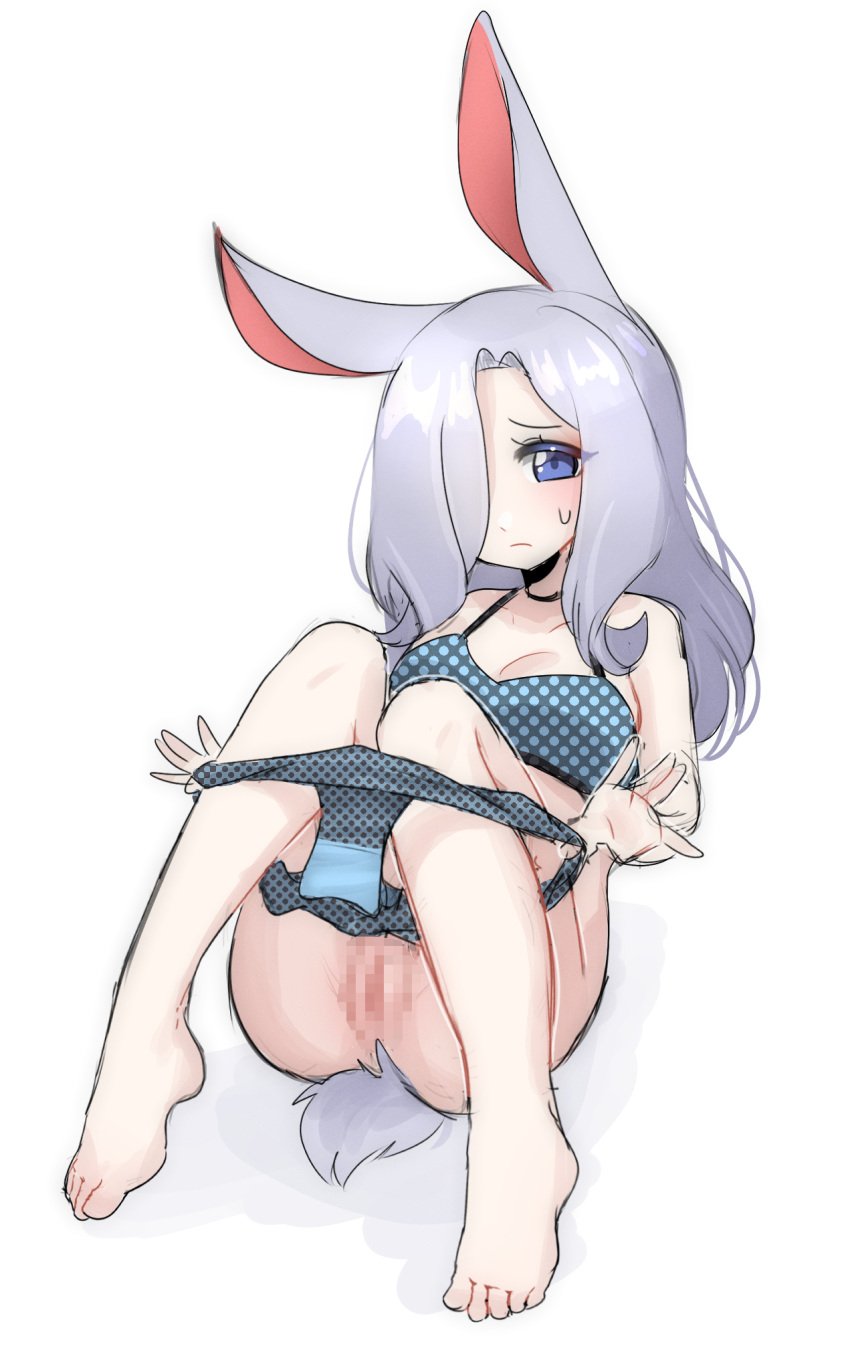 animal_ears barefoot blue_eyes breasts censored commentary english_commentary female grey_hair hair_over_one_eye highres jarael_(rayer) knees legs nyaivie original panties panty_pull polka_dot pussy rabbit_ears rabbit_girl rabbit_tail sitting sweatdrop tail toes underwear