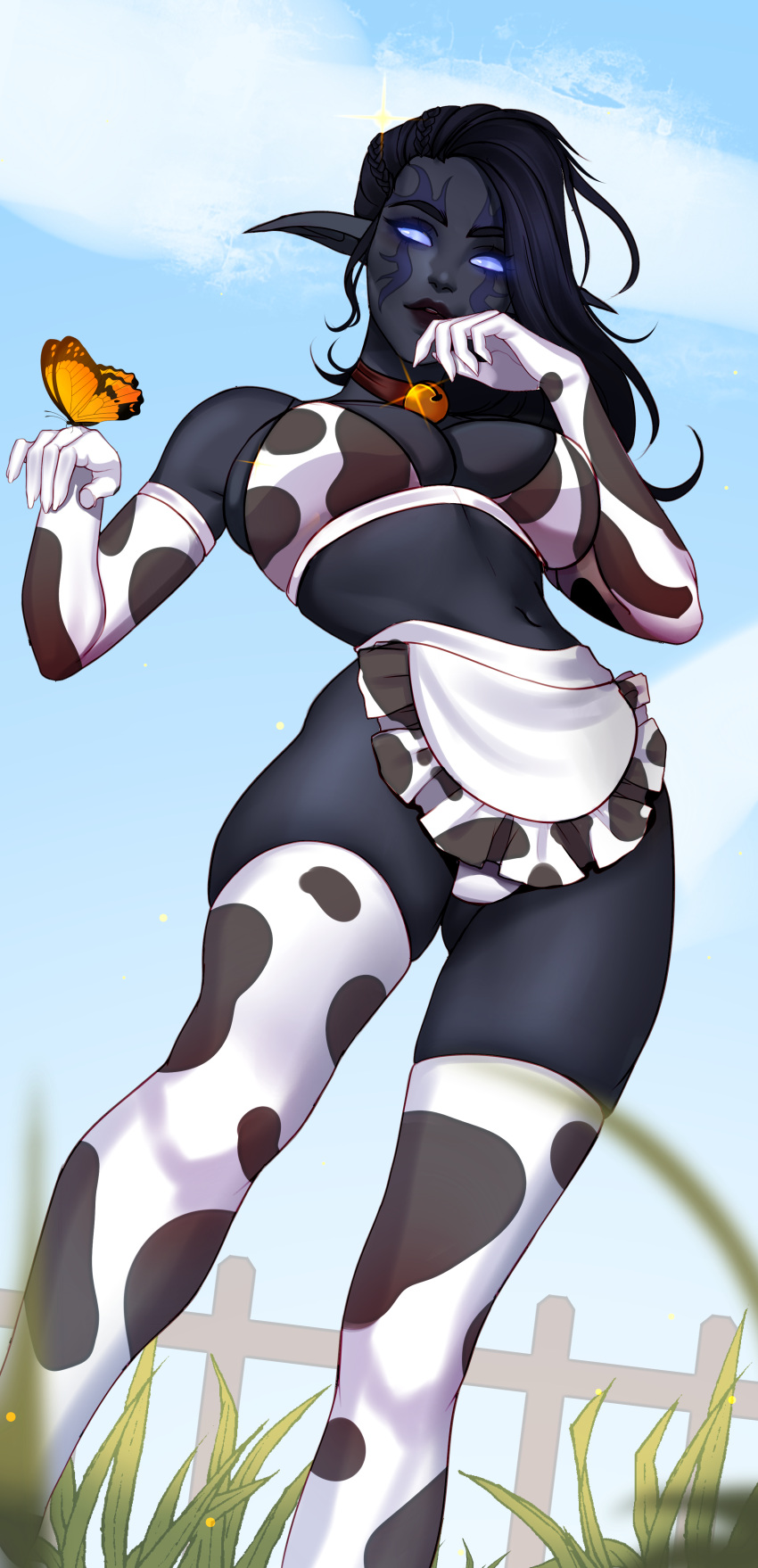 1girls blizzard_entertainment blue_eyes butterfly cow_print cow_print_armwear cow_print_thighhighs dark-skinned_female dark_skin elf elf_ears elf_female empty_eyes facial_markings female female_only harlie_shadewind looking_at_viewer maewix1 maid milf night_elf solo viewed_from_below warcraft world_of_warcraft