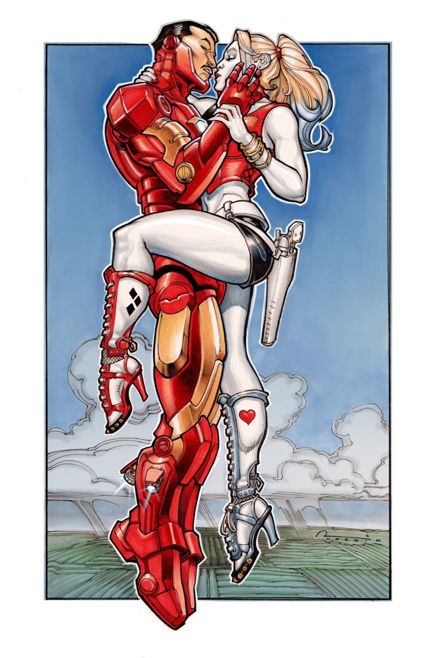 1boy 1girls batman_(series) big_ass chad_hardin crossover dc dc_comics harley_quinn high_heels in_the_air iron_man iron_man_(series) marvel marvel_comics romantic romantic_couple straight thick_ass thick_legs thick_thighs tony_stark