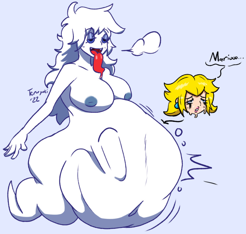 1girls belly belly_bulge big_belly big_breasts blonde_hair boo_(mario) boo_block breasts female floating ghost ghost_girl mario_(series) nipples princess_peach same_size_vore simple_background super_mario_sunshine teruyukikiryuin vore