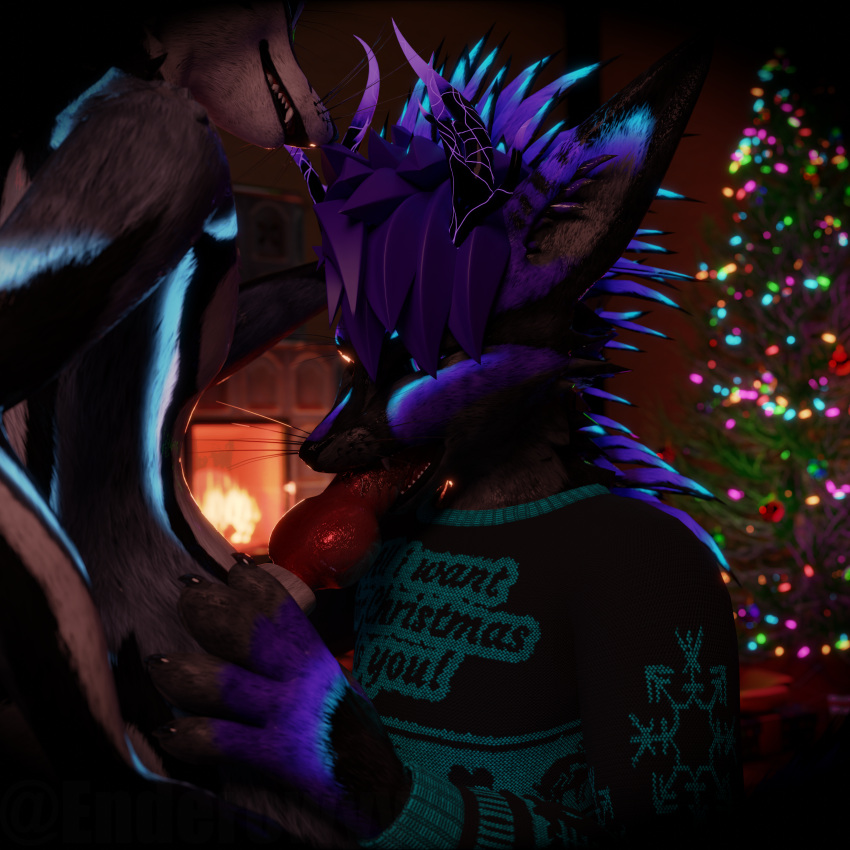 3d_(artwork) absurd_res animal_genitalia animal_penis anthro blender_(software) blowjob_face bodily_fluids canid canine canine_genitalia canine_penis christmas christmas_clothing christmas_decorations christmas_tree clothing digital_media_(artwork) duo ender_(enderowy) enderowy fellatio genitals hi_res holidays knot lupus_carnifex male male/male mammal nude oral penile penis plant rexouium saliva sex tree