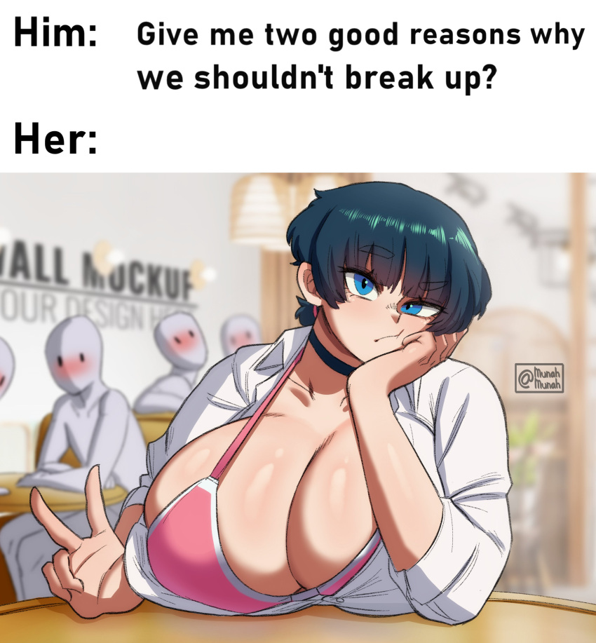 bad_id bad_twitter_id big_breasts black_hair blue_eyes blush breasts breasts_bigger_than_head breasts_on_table choker exhibitionism exposing_chest fair_argument_but… girlfriend huge_breasts mai_(mai_munah) mai_munah male_pov meme offscreen_character offscreen_male original original_character peace_sign pink_bra point_of_view public resting_head shameless shiny_skin short_hair tomboy white_shirt