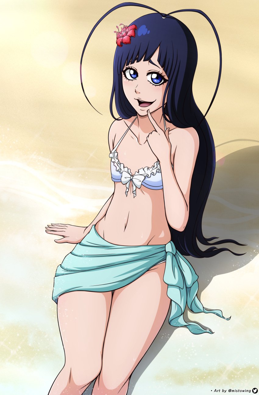 1boy beach bikini bleach bleach:_the_thousand-year_blood_war crossdressing dark_hair femboy giselle_gewelle long_hair mistowing navel otoko_no_ko solo swimsuit