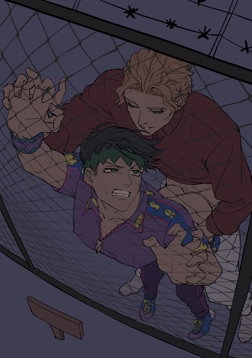 2boys absurdres against_fence anal black_hair blonde_hair cheekbones clenched_teeth clothes_pull diamond_is_unbreakable fence flat_color green_eyes grimace half-closed_eyes highres holding_another's_wrist jojo's_bizarre_adventure killerohan male_focus multiple_boys muted_color pants pants_pull rohan_kishibe shoes sneakers sweat teeth thus_spoke_kishibe_rohan wristband yaoi yoshikage_kira zipper