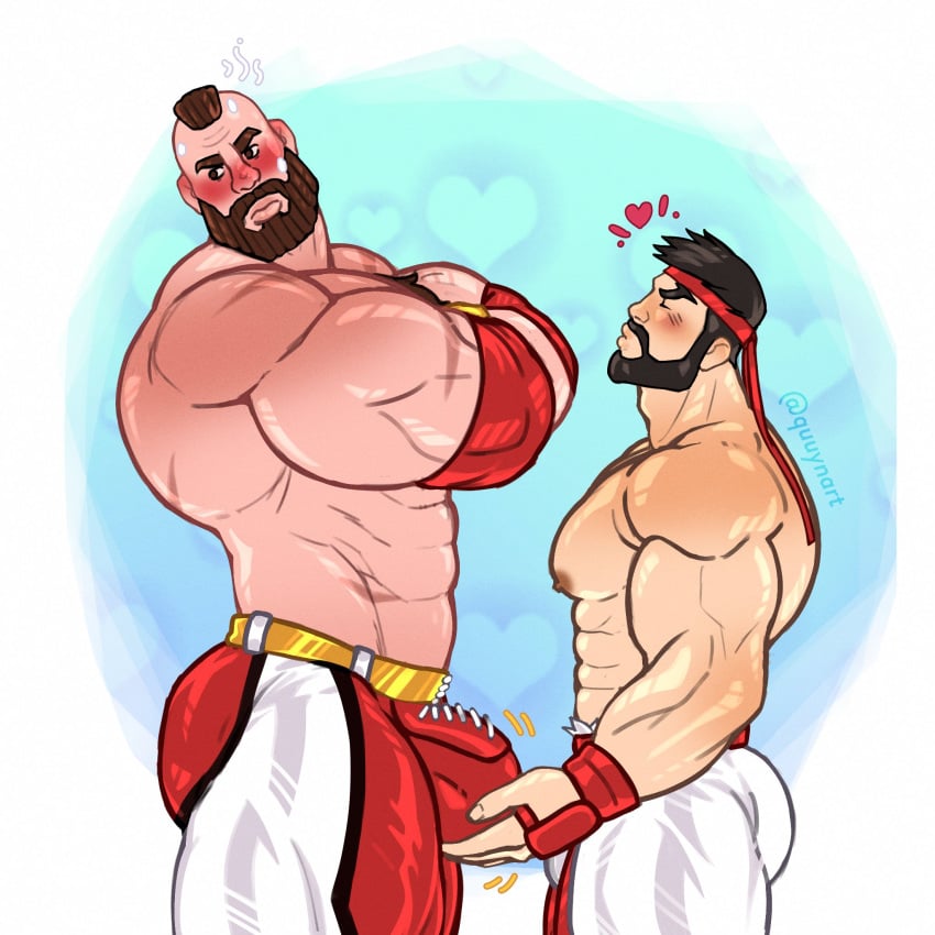 2boys ass bara beard blush bulge bulge_grab bulge_through_clothing clothing crossed_arms fighter gay heart luchador male male_only muscular muscular_male pants quuynart ryu_(street_fighter) street_fighter_6 video_games yaoi zangief