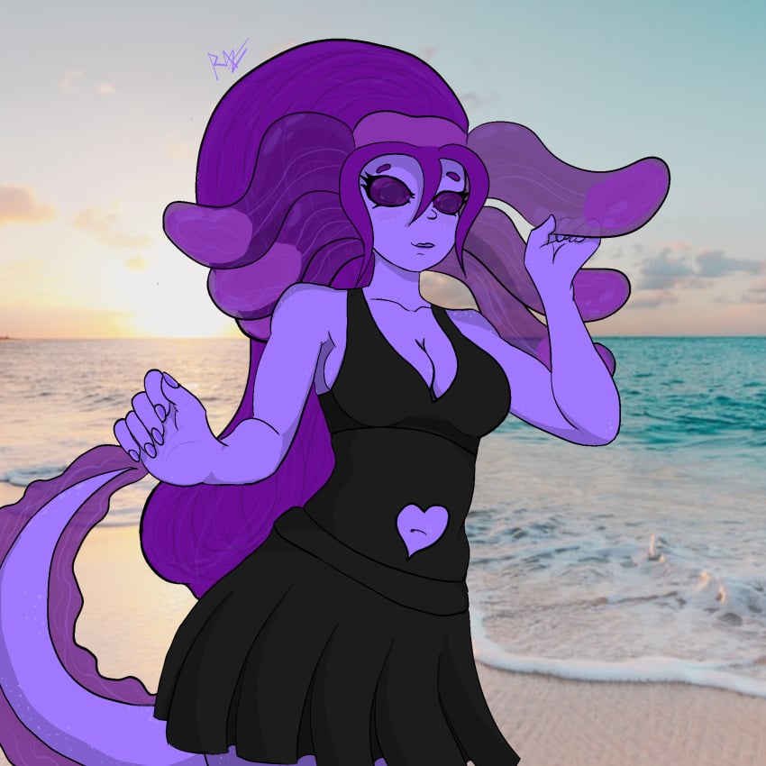 adorable axolotl axolotl_girl axolotl_humanoid bathing_suit beach belly belly_button cleavage cute cutout freckles furry fursona mommy mommy_kink navel purple_hair purple_skin skirt