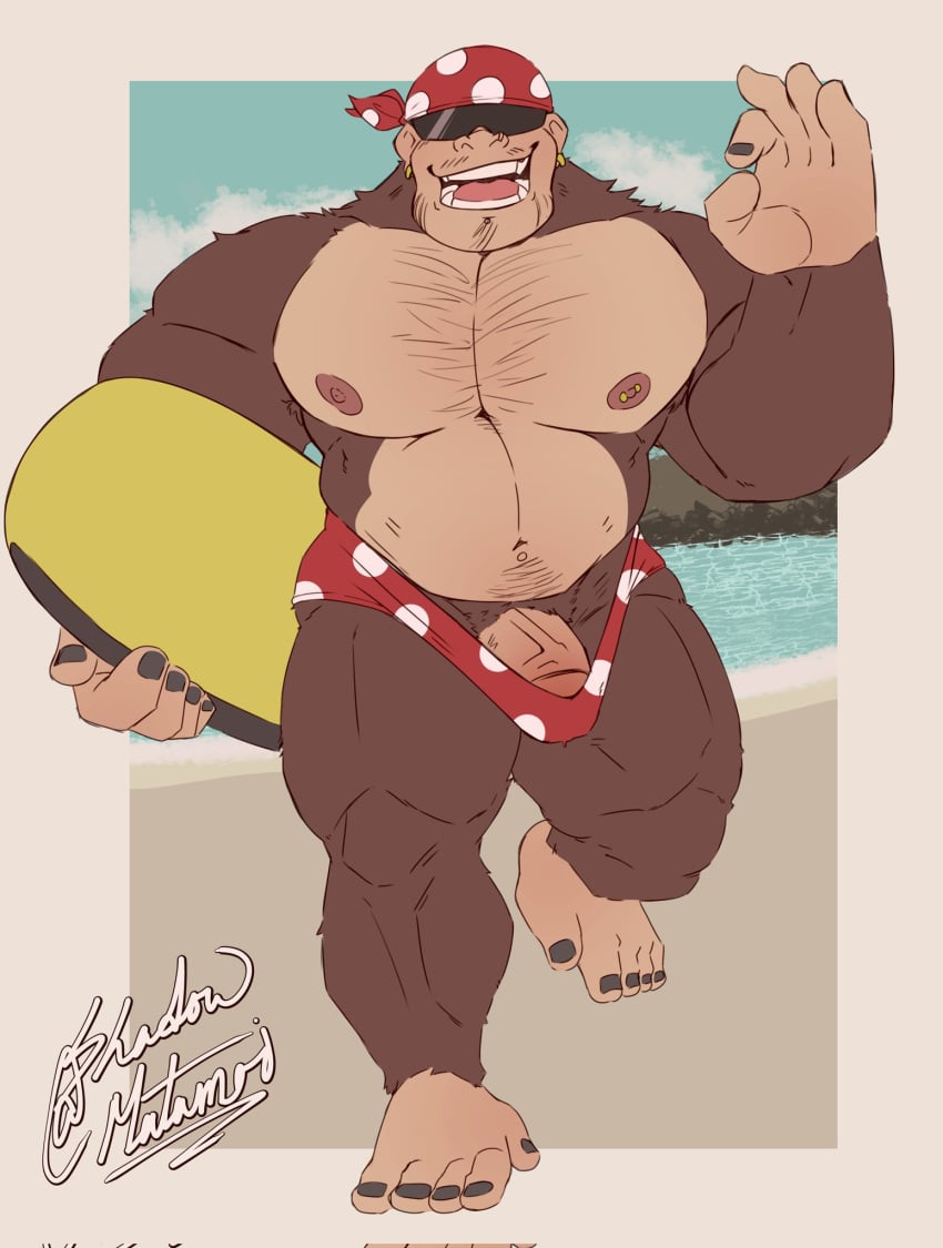 1boy 2023 anthro ape bara barazoku beach big_pecs body_hair border brown_body brown_fur bulge chest_hair clothing digital_media_(artwork) donkey_kong_(series) durag ear_piercing erect_penis erection eyewear facial_hair front_view full-length_portrait funky_kong fur furry furry_only gay genitals gesture gorilla haplorhine happy_trail hi_res ineffective_clothing male male_focus male_only mammal muscular muscular_male nintendo nipples ok_sign open_mouth open_smile outside_border pecs penis piercing portrait primate seaside shadowmatamori signature smile solo speedo sunglasses surfboard swimwear vein veiny_penis video_games walking