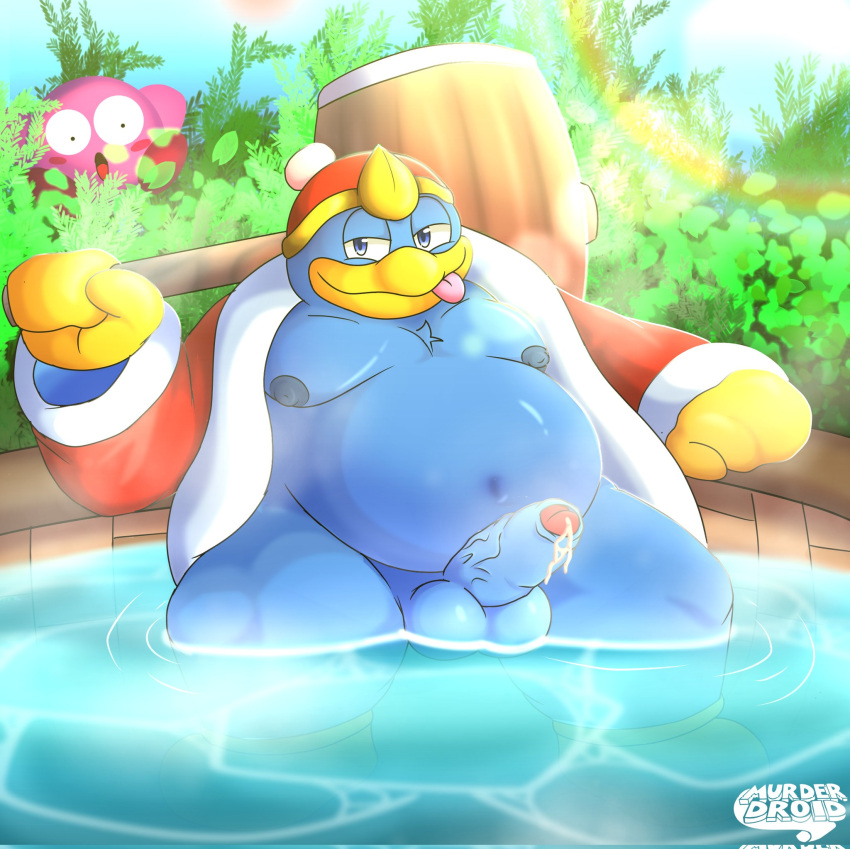 anthro avian balls bathing beak belly bird blep blue_body blue_eyes blue_feathers blush bodily_fluids clothing crown erection feathers foreskin genital_fluids genitals gloves hammer handwear headgear hi_res hot_tub king_dedede kirby kirby_(series) male male_only moobs murderdroid_(artist) navel nintendo nipples overweight penguin penis precum robe tongue tongue_out tools