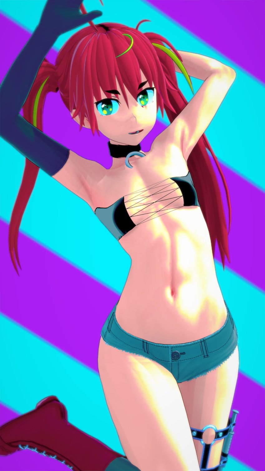 1girls 3d armpits arms_behind_head breasts denim_shorts female female_only green_eyes hi_res legs long_hair looking_at_viewer midriff mizarisa navel open_mouth red_hair small_breasts solo thighs tubetop twintails