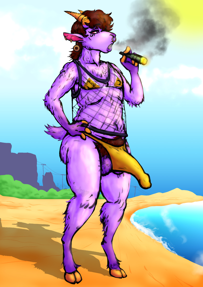 2023 2_horns absurd_res anthro balls beach big_balls big_penis bikini body_hair bottomless bovid brown_hair brunkdutt bulge caprine cigarette clothed clothing cloud colored crossdressing detailed detailed_background detailed_bulge digital_drawing_(artwork) digital_media_(artwork) digitigrade drugs ear_piercing ear_ring erect_nipples erection eye_tattoo facial_piercing facial_tattoo fingers fishnet fishnet_clothing fishnet_shirt fishnet_topwear fur genitals girly goat hair hairy hairy_balls half-erect hand_on_hip hi_res hooved_fingers hooves horn huge_cock humanoid_genitalia humanoid_penis kidden_eksis lips male mammal marijuana mullet navel nipples nose_piercing nose_ring nude open_mouth outside partially_clothed pendulum penis piercing pompadour power_lines pubes public public_nudity purple_body purple_fur purple_hair purple_skin red_eyes ring_piercing sand sea seaside shaded skimpy skimpy_bikini sky smoke smoking solo stoned substance_intoxication sun swimwear tattoo topwear water watermark wave wavy_hair wittless-pilgrim